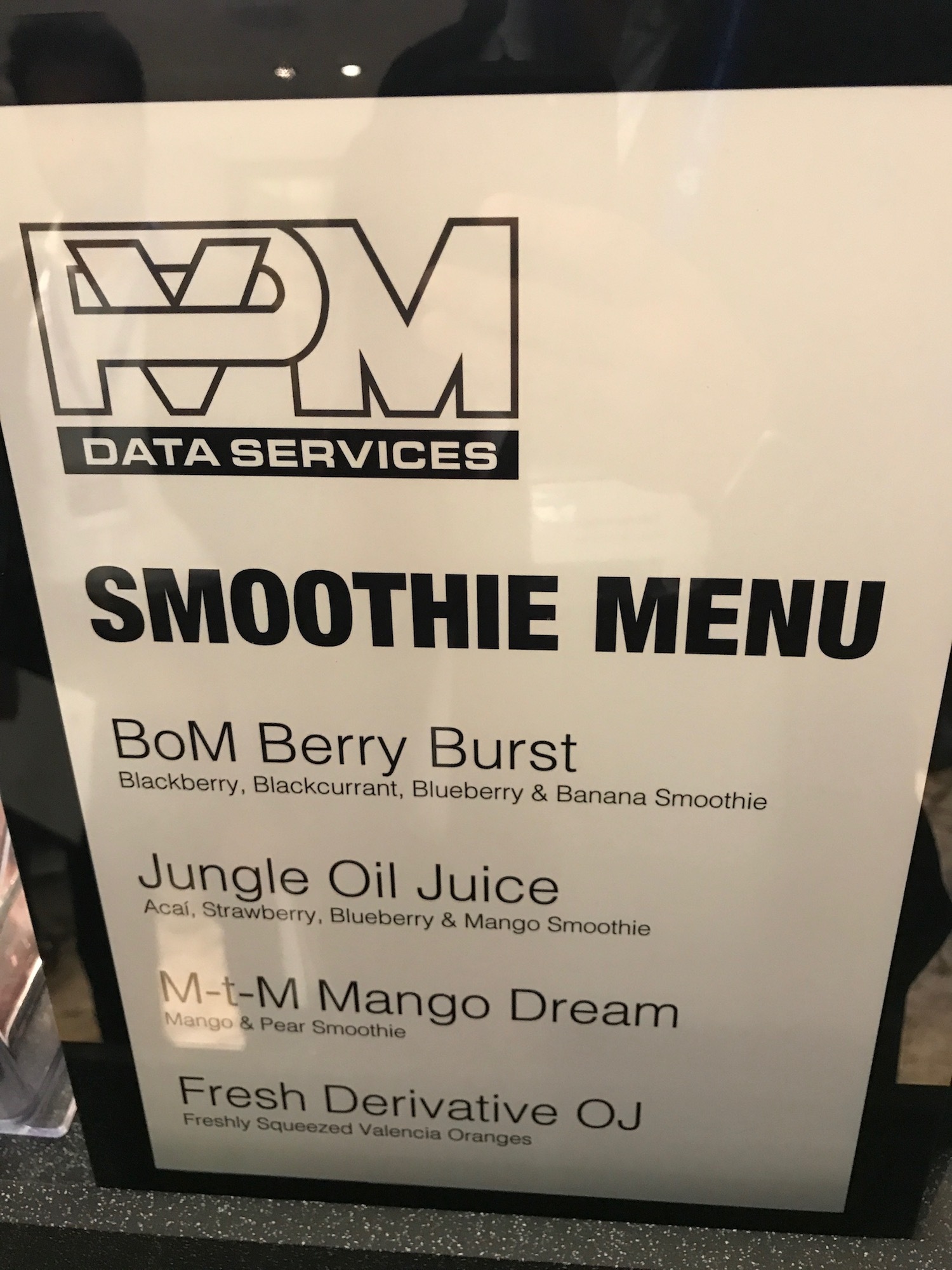 Smoothie menu at ComRisk conference