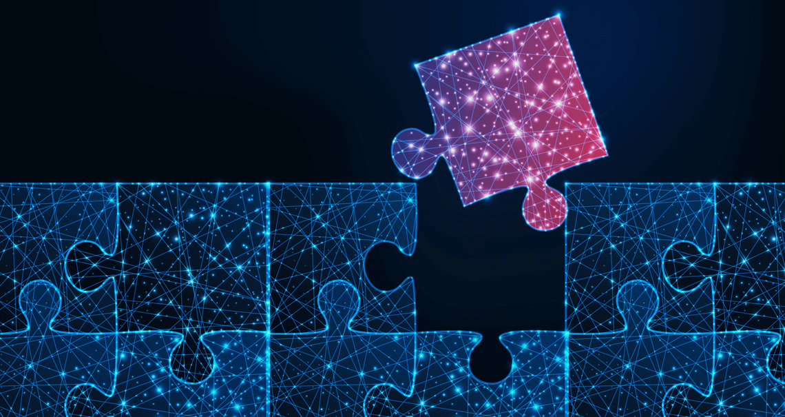 Blue puzzle pieces with one purple puzzle piece ready to fit into the last section