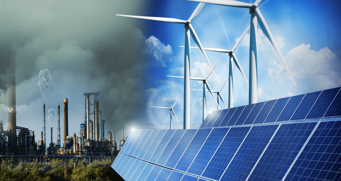 Split screen of dark industrial buildings and bright solar panels and wind turbines against a blue sky.